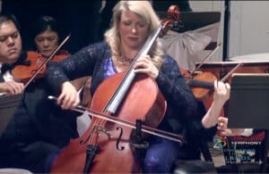 Jennifer Kloetzel playing cello - Lexington Symphony - Conquering New Lands